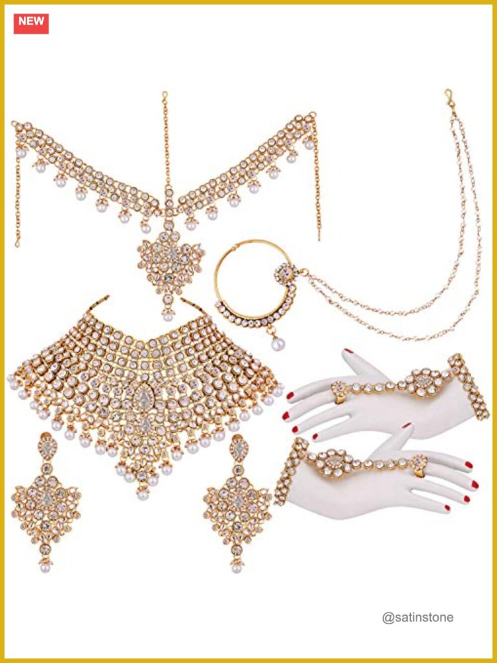 Indian Bridal Choker Necklace Matha Patti Nose Ring Haath Phool Set